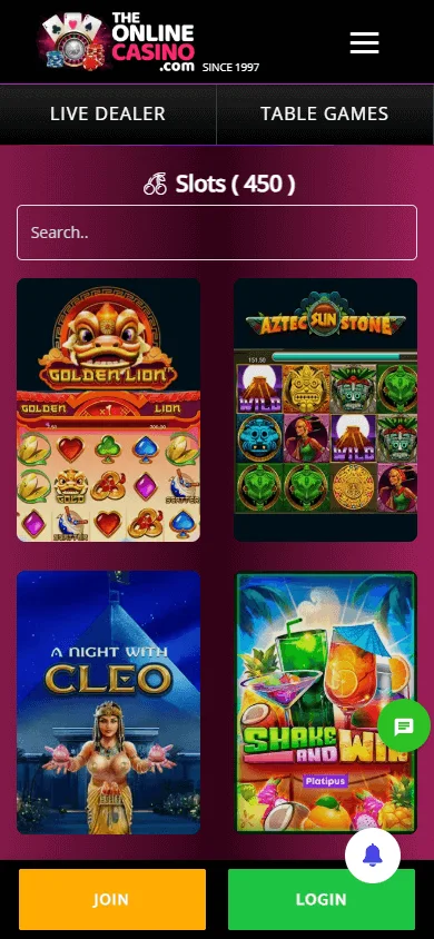 88 Casino mobile games area with slots, live casino and table game options