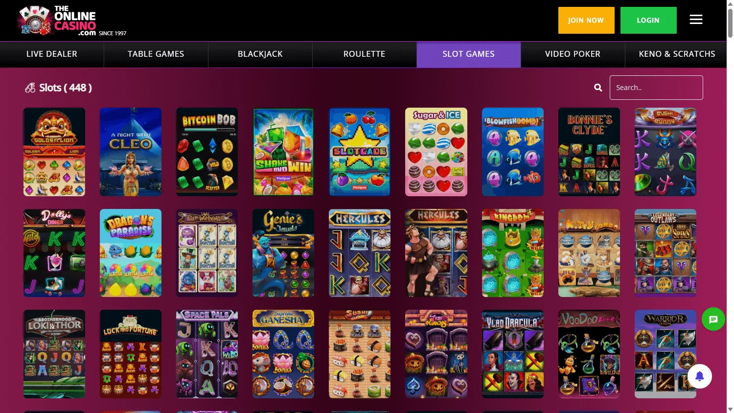 88 Casino desktop games area with pokies, table games and live casino options