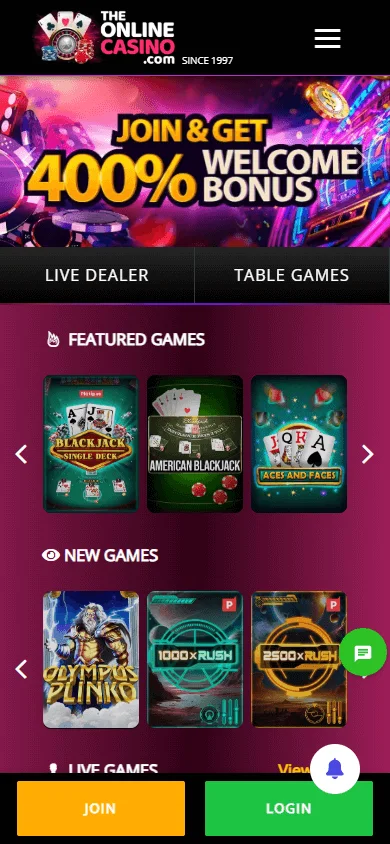 88 Casino mobile home screen with casino access and promotional information