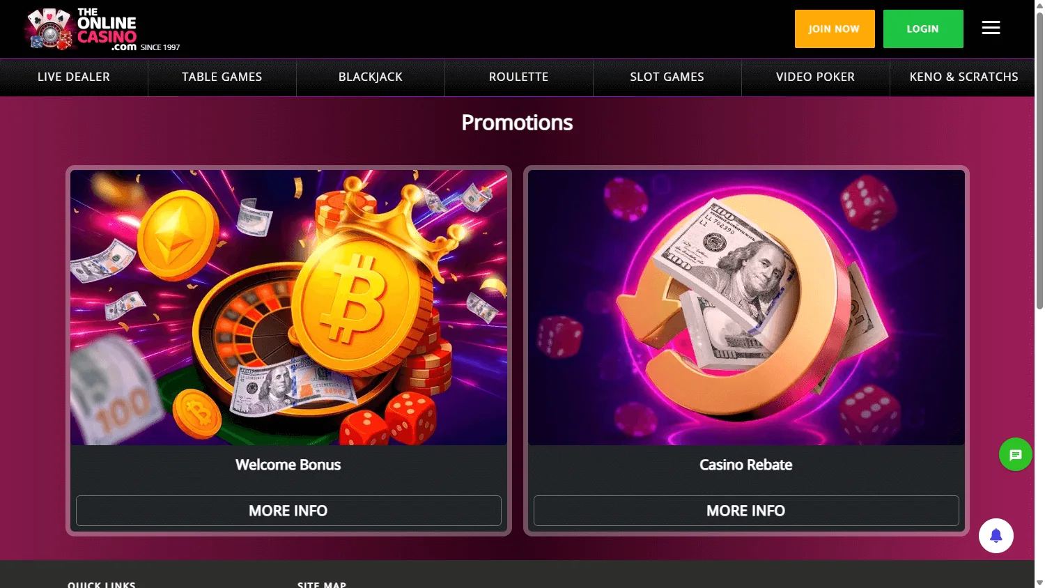88 Casino desktop promotions area with welcome, reload and cashback offers
